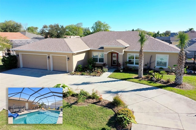 single story home with a lanai and a front lawn