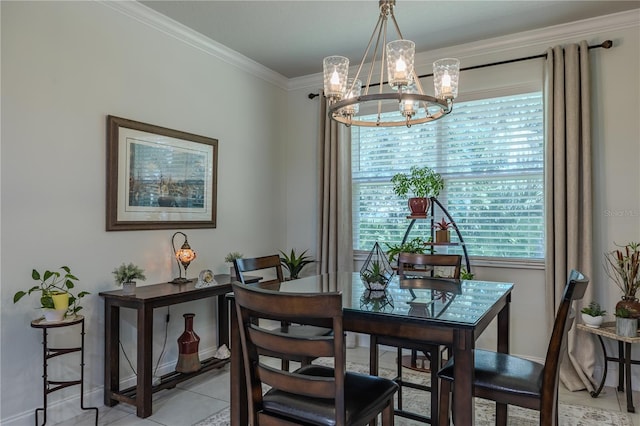 tiled dining space featuring ornamental molding and an inviting chandelier