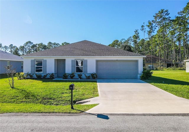 ranch-style house with a front yard and a garage