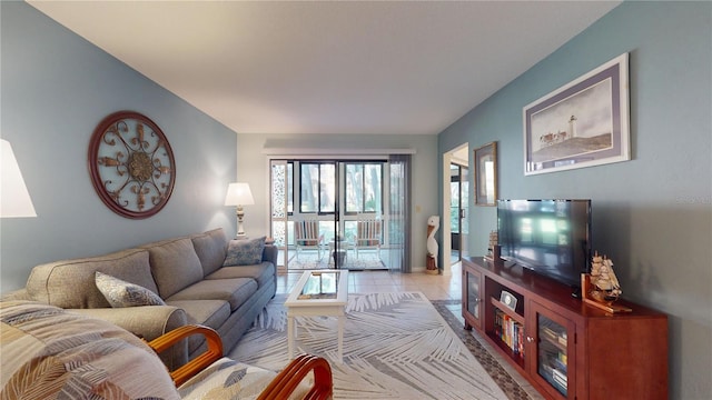 tiled living room with french doors