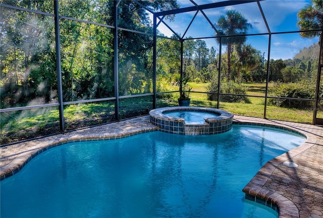 view of swimming pool featuring an in ground hot tub and glass enclosure