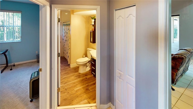 bathroom featuring vanity, toilet, and wood-type flooring