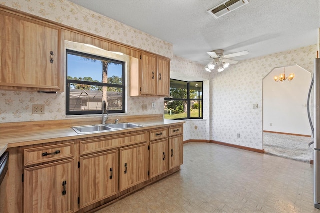 kitchen featuring sink, ceiling fan with notable chandelier, stainless steel appliances, and a textured ceiling