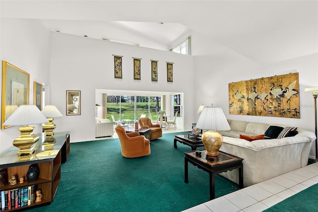 living room with carpet floors and high vaulted ceiling