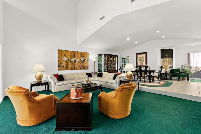 carpeted living room featuring lofted ceiling