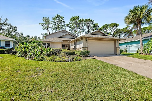 7 Jasmine Run, Ormond Beach, FL 32174 - single story home featuring an attached garage, stone siding, concrete driveway, and a front lawn