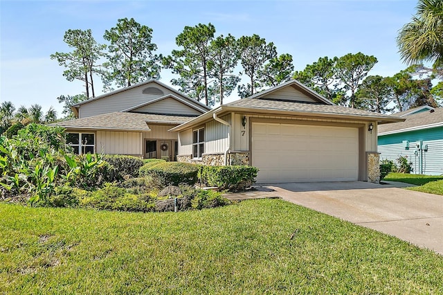 7 Jasmine Run, Ormond Beach, FL 32174 - ranch-style home featuring stone siding, driveway, a garage, and a front lawn