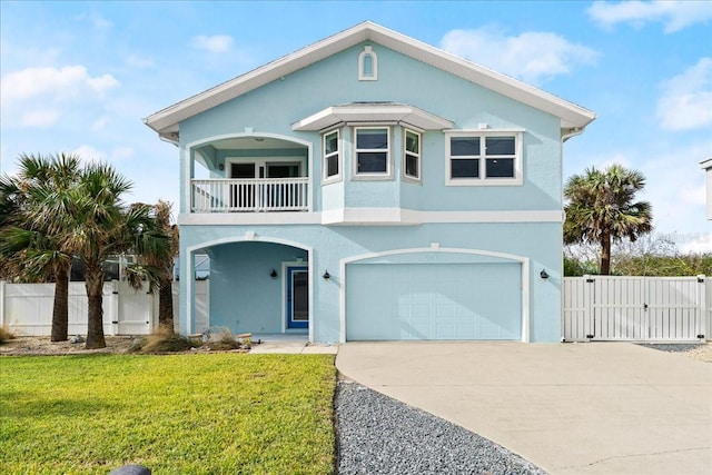 coastal inspired home with fence, a balcony, a gate, and stucco siding