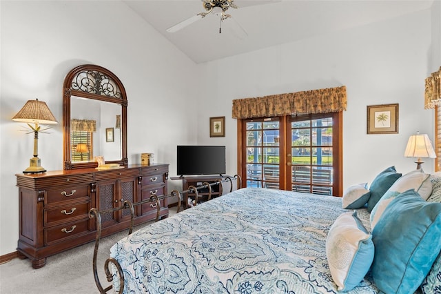 bedroom with access to exterior, ceiling fan, french doors, high vaulted ceiling, and light carpet