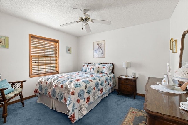 bedroom featuring ceiling fan, a textured ceiling, and dark colored carpet