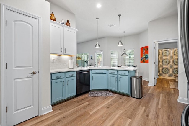 6 Lindsay Dr, Palm Coast, FL 32137 - kitchen featuring dishwasher, a peninsula, blue cabinetry, white cabinets, and recessed lighting