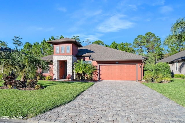 view of front of house featuring a front yard and a garage