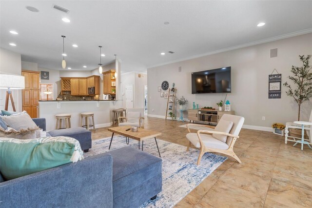 living room featuring ornamental molding