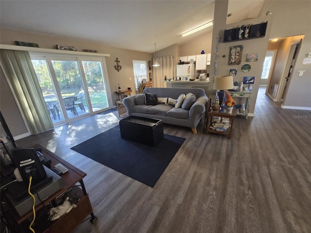 living room featuring vaulted ceiling, a healthy amount of sunlight, and dark hardwood / wood-style flooring