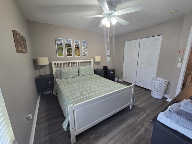 bedroom featuring dark hardwood / wood-style flooring, a closet, and ceiling fan