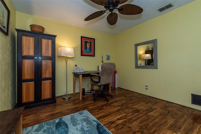 home office featuring ceiling fan and dark hardwood / wood-style flooring