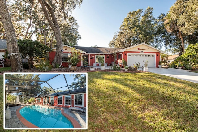 view of front of home with a lanai, a front lawn, and a garage