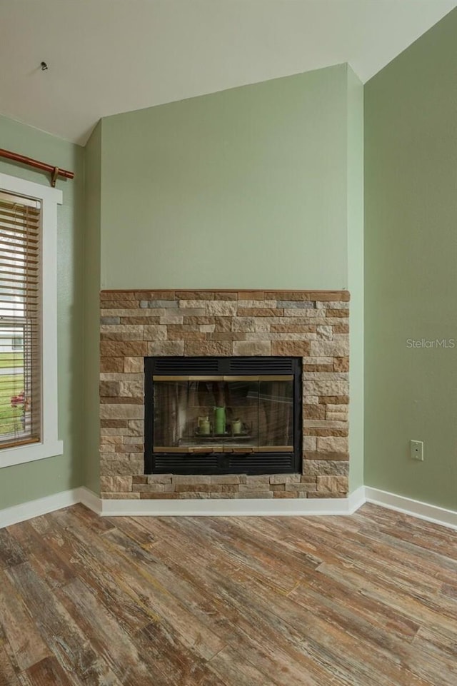 room details with a stone fireplace and wood-type flooring