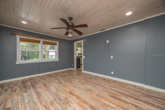 empty room featuring ceiling fan, light hardwood / wood-style floors, wooden ceiling, and crown molding