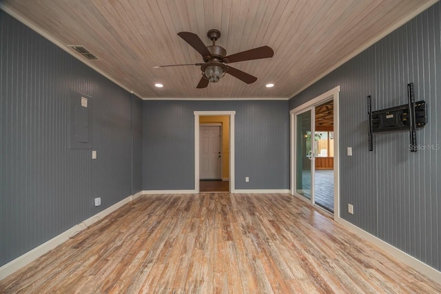 unfurnished room with ceiling fan, light wood-type flooring, and wooden ceiling