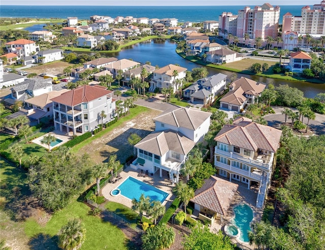 aerial view featuring a water view