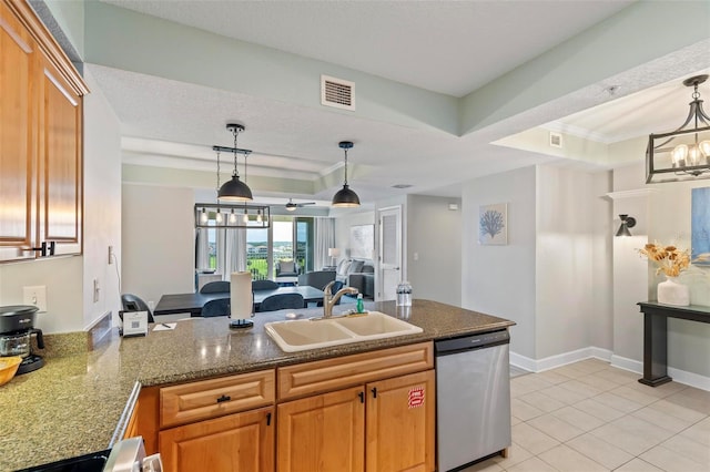 kitchen with a textured ceiling, sink, light tile patterned floors, an inviting chandelier, and dishwasher