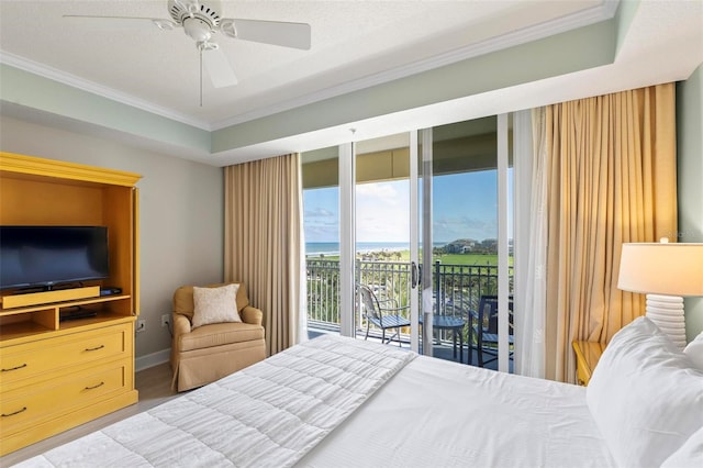 bedroom featuring ceiling fan, light wood-type flooring, crown molding, and access to outside