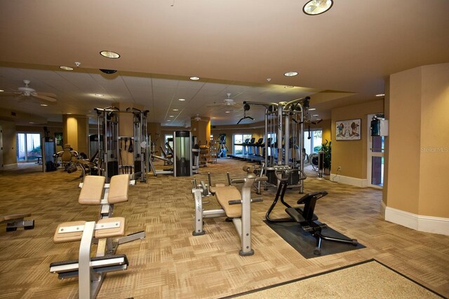 200 Ocean Crest Dr Unit 515, Palm Coast, FL 32137 - exercise room with light carpet, ceiling fan, and recessed lighting