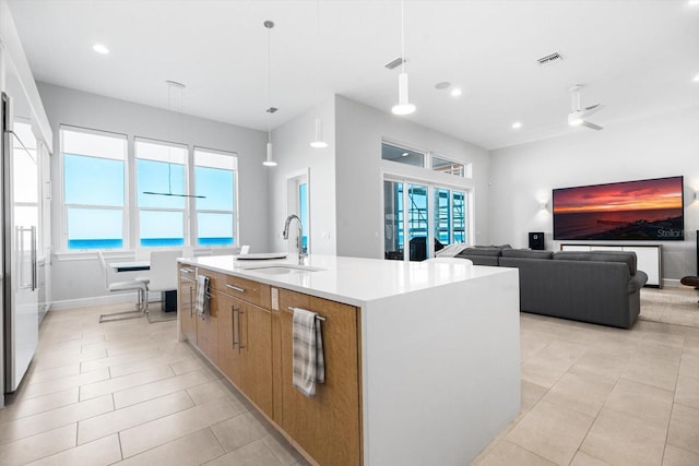 kitchen with a wealth of natural light, sink, a kitchen island with sink, and ceiling fan