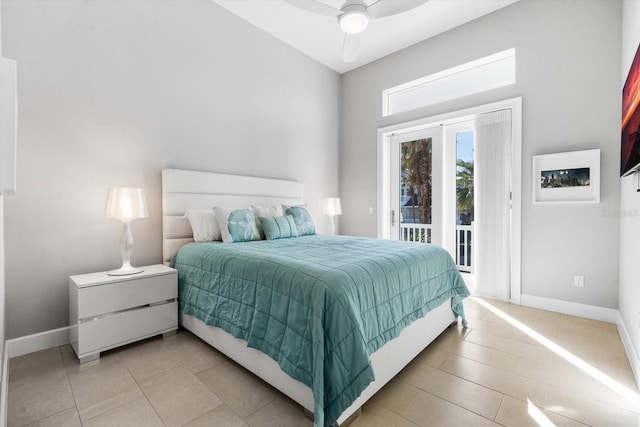 tiled bedroom featuring access to exterior and ceiling fan