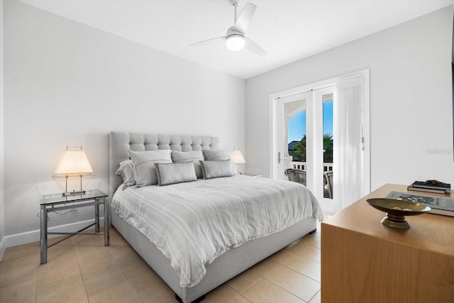 tiled bedroom featuring access to outside and ceiling fan