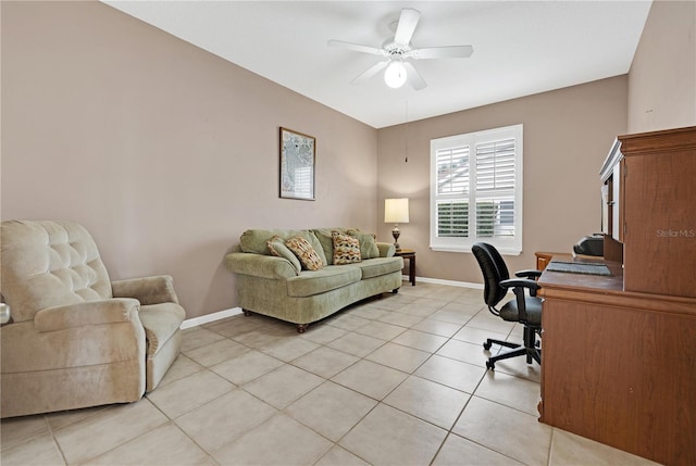 office featuring ceiling fan and light tile patterned flooring