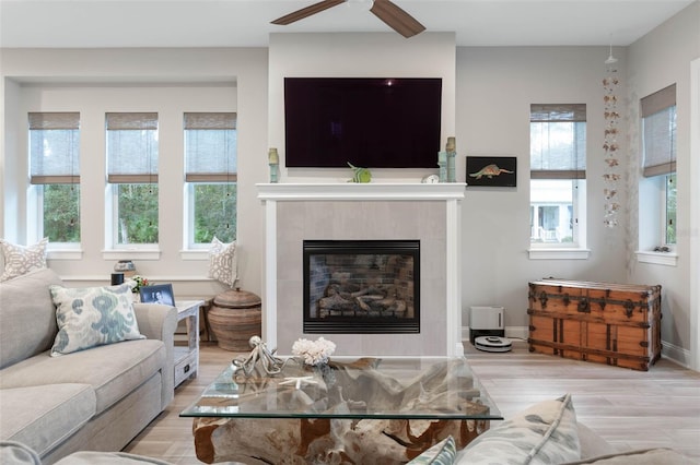 living area featuring a fireplace, plenty of natural light, baseboards, and wood finished floors