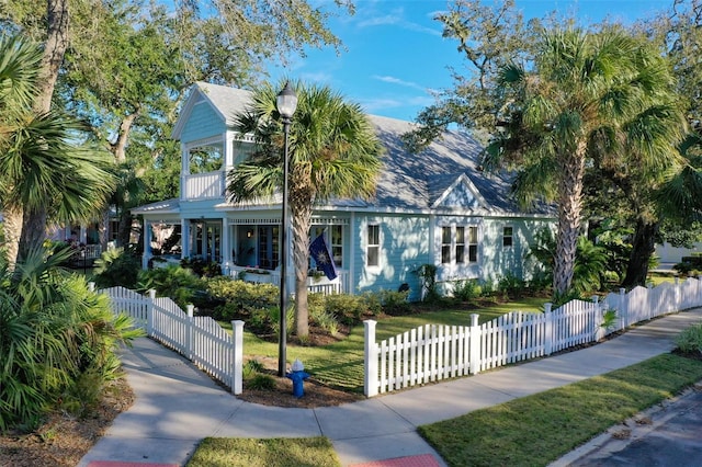 view of front of home featuring a balcony, a fenced front yard, and a gate