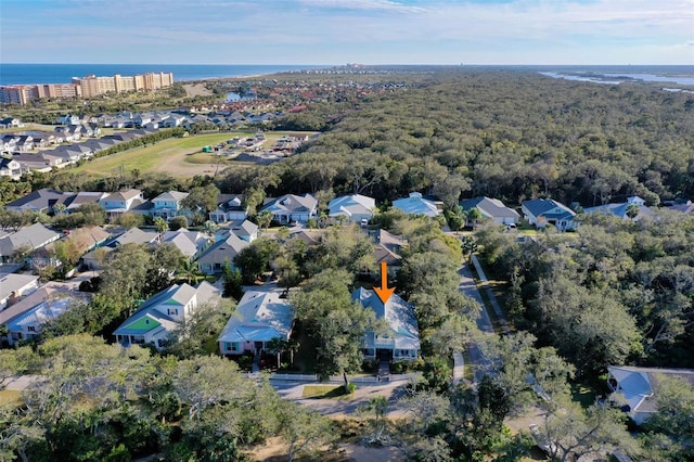 bird's eye view featuring a water view and a residential view