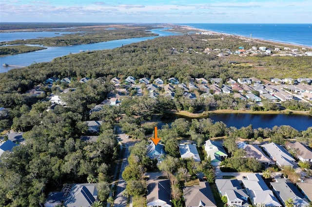 aerial view featuring a residential view and a water view