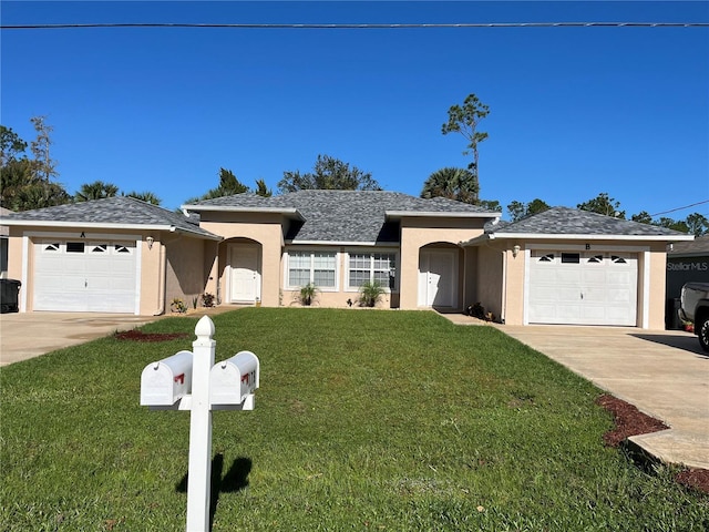 single story home with a front yard and a garage