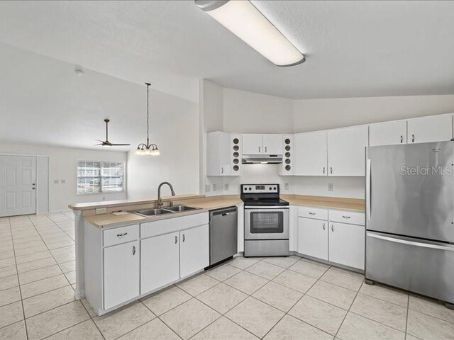 kitchen featuring white cabinetry, ceiling fan, sink, stainless steel appliances, and decorative light fixtures