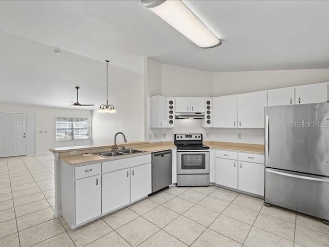 kitchen with pendant lighting, white cabinets, sink, ceiling fan, and appliances with stainless steel finishes