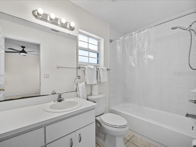 full bathroom with tile patterned floors, vanity, ceiling fan, shower / bathtub combination with curtain, and toilet