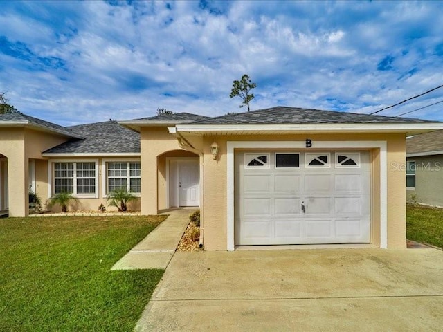 ranch-style house featuring a garage and a front lawn