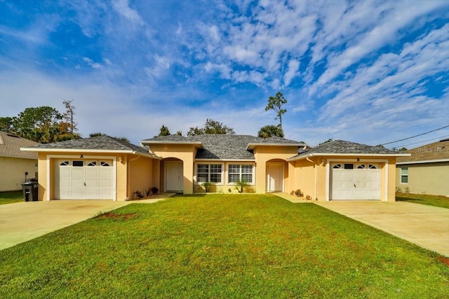 single story home with a garage and a front yard