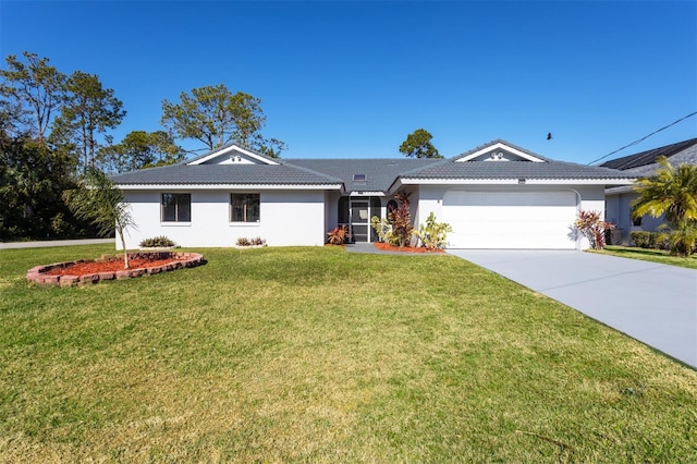 single story home with a front lawn and a garage