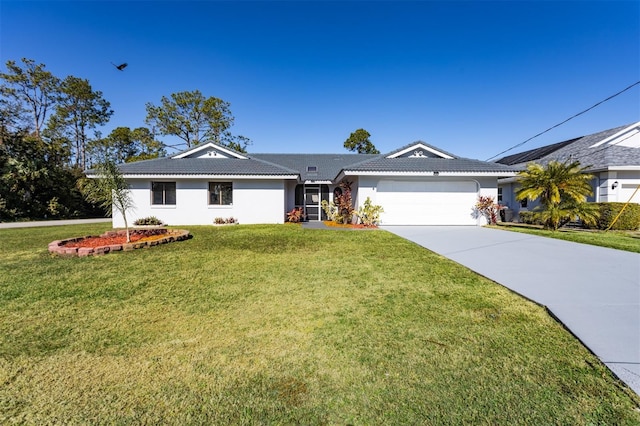 ranch-style home with a front yard and a garage