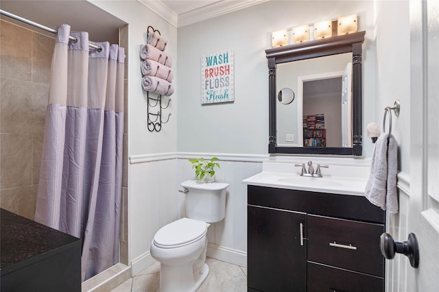 bathroom with vanity, crown molding, tile patterned flooring, toilet, and walk in shower