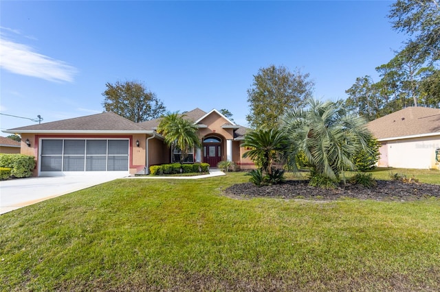 view of front of property with a garage and a front lawn