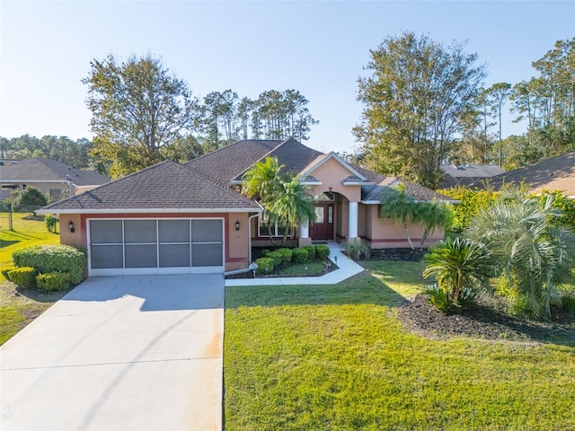 ranch-style house with a garage and a front yard