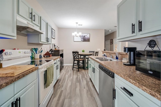 kitchen with dishwasher, sink, white electric stove, hanging light fixtures, and a notable chandelier