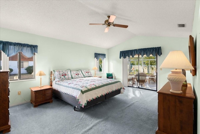 bedroom featuring carpet, access to exterior, a textured ceiling, ceiling fan, and lofted ceiling