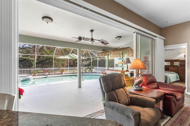 view of pool with ceiling fan